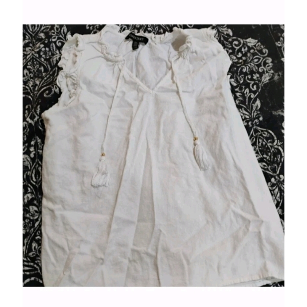 Ellen Tracy White Ruffle Blouse with Tassel Ties